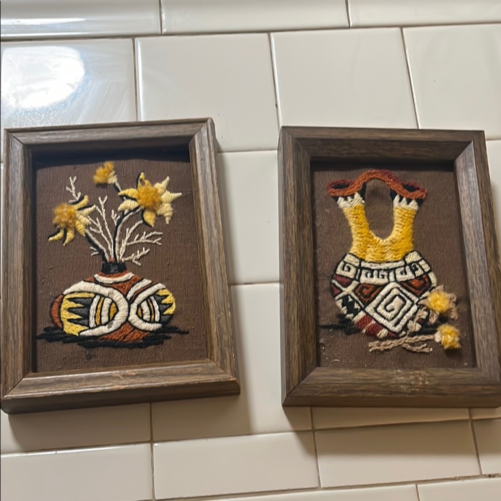 Vintage Framed Textile Art with Floral and Geometric Designs